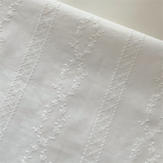 Stripe Flower Cotton Lace Fabric, Embroidery CottonFabric, Off white Cotton Fabric, Blouse Dress Costume Fabric 1 Yard