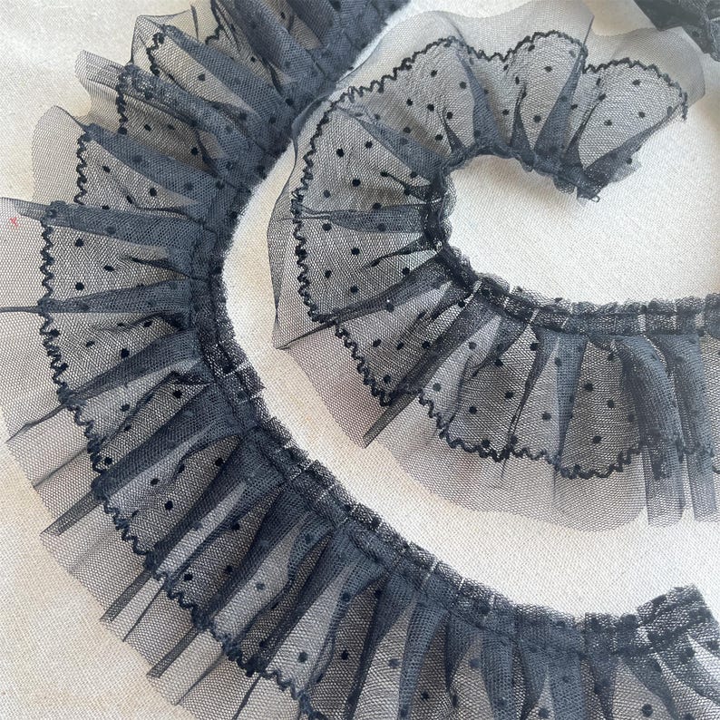 Black Ruffle Lace Trim, Dot Lace, Pleated Tulle Lace Trim for Doll Dress, Sleeve, Skirt Edge, Tutu Dress, 2 Yards image 16