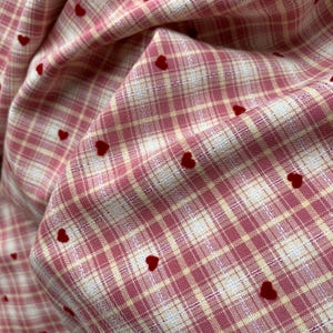 Pink Plaid Fabric with Flocked Red Hearts, Embroidery Checkered Fabric for Suits, Skirt, Girl Dress, Shirt, Designer Fabric image 13