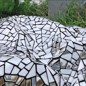 Unique Mirror Silver Sequin Fabric, Stretch Velvet Sequin Fabric, Geometric Embroidery Metallic Fabric for Prom Party Dress, designer Fabric