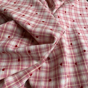 Pink Plaid Fabric with Flocked Red Hearts, Embroidery Checkered Fabric for Suits, Skirt, Girl Dress, Shirt, Designer Fabric image 2