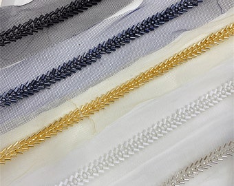 Narrow Beading Lace Trim, Mesh Beaded Trim, Golden Silver Sash Belt Bridal Trim for Prom Dress Shoulder Strap Bridal Sashes, jewelry  design