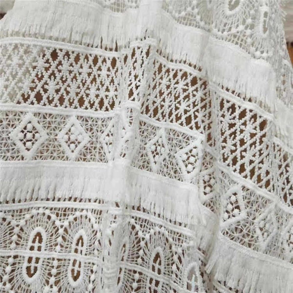 Gorgeous Guipure Lace Fabric, Stripe Geometry Embroidery Fabric, Hollowed Crochet Lace Fabric for Bridal Wedding Dress, Boho Gown
