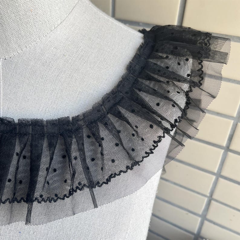 Black Ruffle Lace Trim, Dot Lace, Pleated Tulle Lace Trim for Doll Dress, Sleeve, Skirt Edge, Tutu Dress, 2 Yards image 11