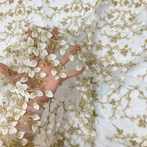 Gold 3D Petal Floral Embroidery Lace Fabric, Stripes Floral Mesh Lace Fabric for Party Gown, Bridesmaid Dress, Wedding Decor