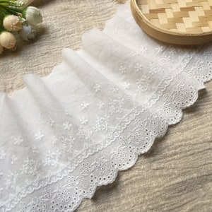 Embroidery Cotton Flowers Lace Trim, Floral Embroidered Cotton Lace, Scalloped Cotton Trim, Eyelets Lace Trim for sewing