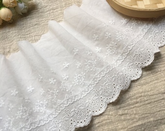 Embroidery Cotton Flowers Lace Trim, Floral Embroidered Cotton Lace, Scalloped Cotton Trim, Eyelets Lace Trim for sewing