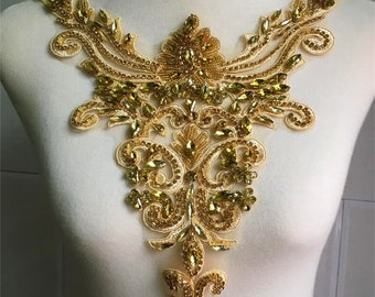 luxury Gold Beaded Applique, Crystal Rhinestone Beaded Applique, Beaded Applique Collar for Bridal Gown Dance Dress Bodice