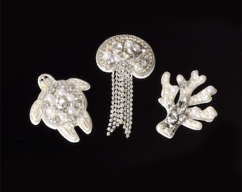 Vivid 3D Marine organisms Applique, Jellyfish Beaded Fringe Lace Patch, Sew on Quilting Patch, for Headpiece, Costume / diy Clothing, 1 pcs
