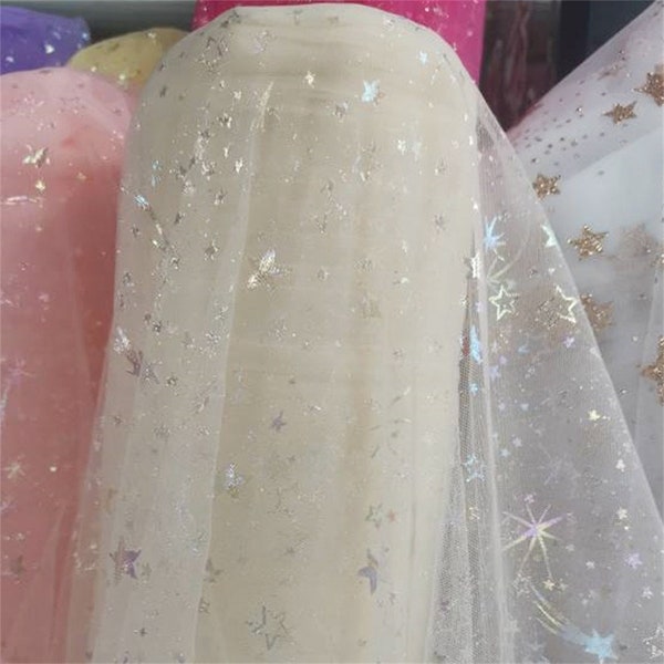 Iridescent Celestial Star Print Tulle Lace Fabric for Corset Skirt, Backdrop, Princess Dress, Wedding Veil