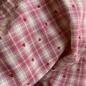 Pink Plaid Fabric with Flocked Red Hearts, Embroidery Checkered Fabric for Suits, Skirt, Girl Dress, Shirt, Designer Fabric Print hearts