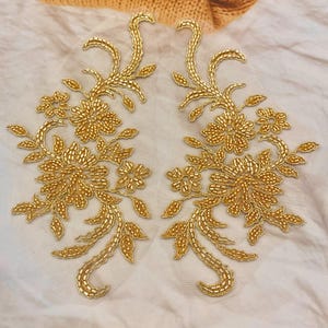 Gold Beaded Applique, Gold Alencon Lace Applique, Bridal Lace Applique, Bodice Applique, Pair of Wedding Dress Prom Gown