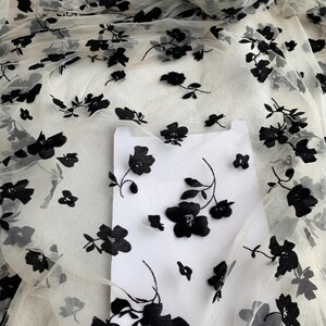 Black Flowers Flocking Lace Fabric, Flocked Floral Tulle Lace Fabric for Bridal Veil, Wedding Gown, Tutu Dress, Lace Top, 1 Yard image 12