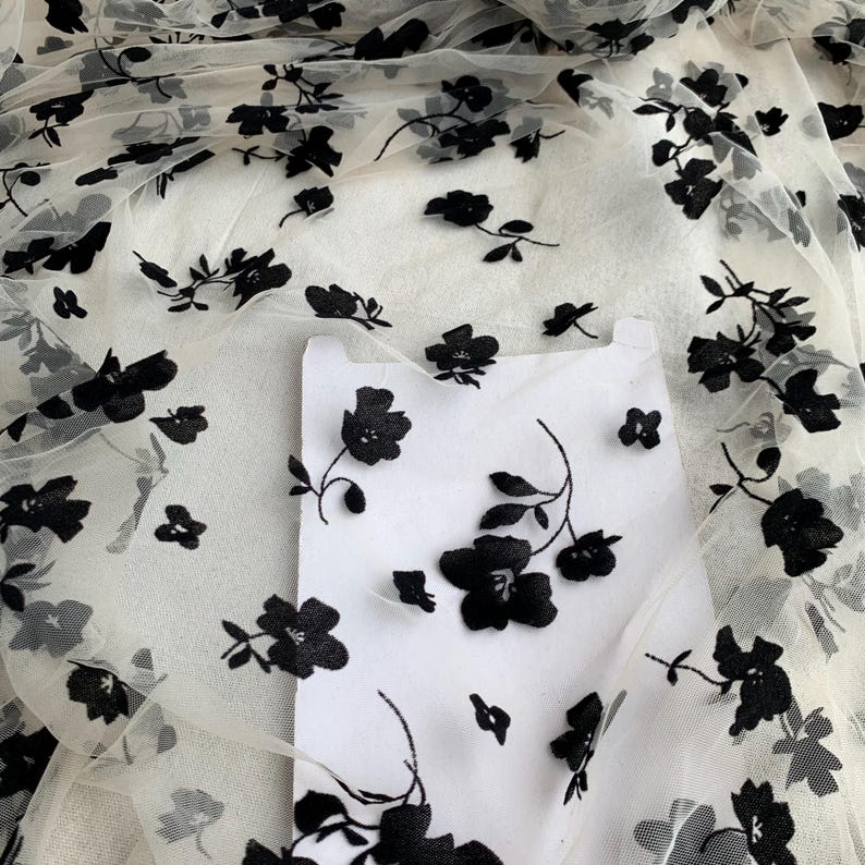 Black Flowers Flocking Lace Fabric, Flocked Floral Tulle Lace Fabric for Bridal Veil, Wedding Gown, Tutu Dress, Lace Top, 1 Yard image 12