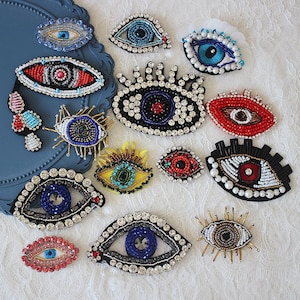 AHANDMAKER 4 Pcs Eye Beaded Patches for Clothes, Blue Evil Eye Sequined  Patch with Beads Tassel Sew on Rhinestone Beaded Applique for Clothes  Jackets