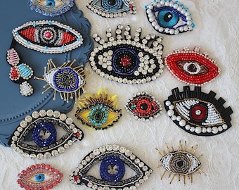 Evil eyes beaded Badge, crying eye patch, colorful evil eye, Embroidered eye Patch applique, Sew Patch For ballet flats, shirt, school bag