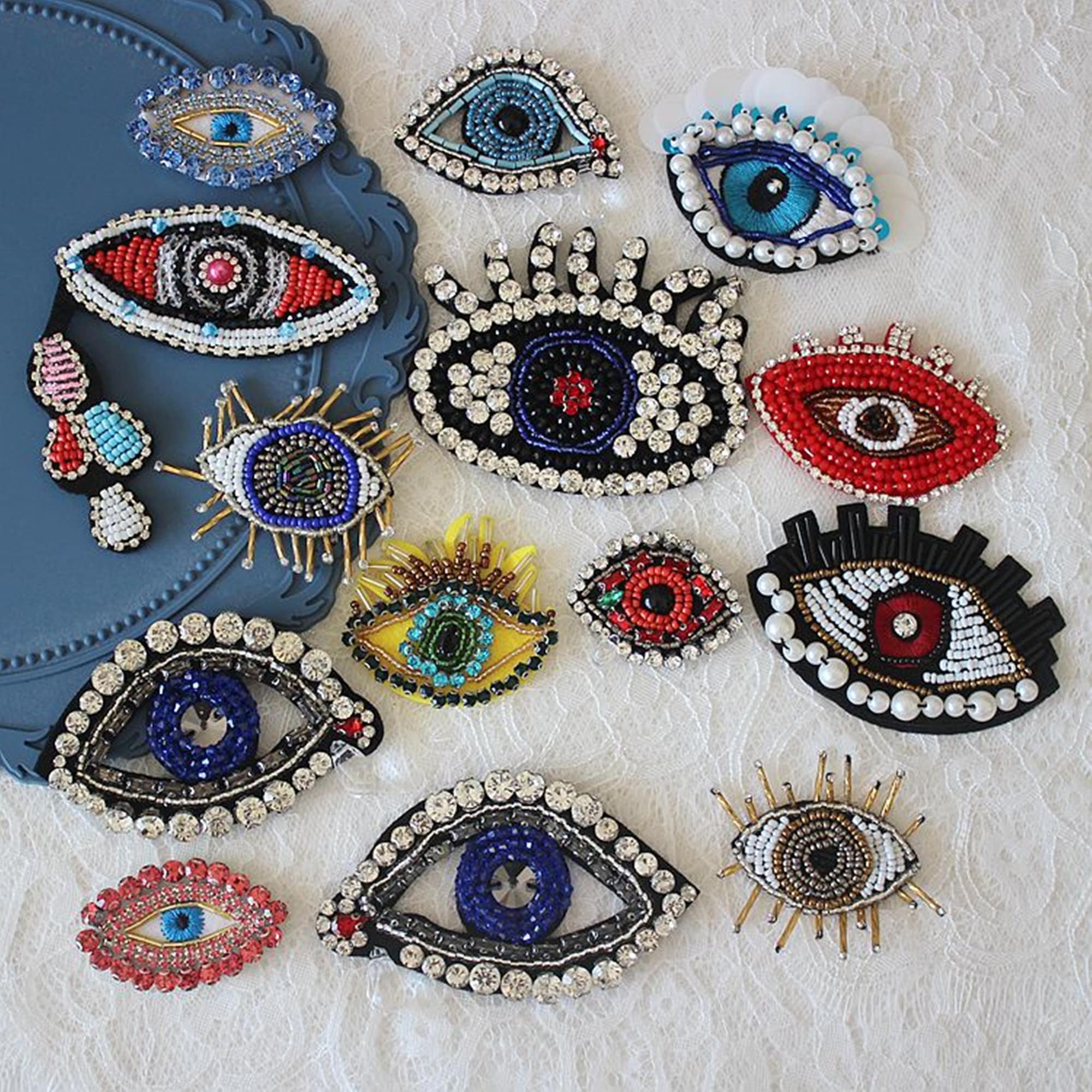 2 x Sequin Evil Eye Patches Large Blue Gold IRON-ON SEW-ON Applique  Clothing Dec