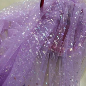 Soft Tulle Fabric Illusion Iridescent Stars Celestial Print Lace Fabric for Girl Dress, Veil, Wedding Backdrop, Tutus, Bridal Supplies
