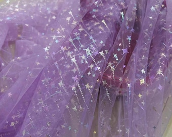 Soft Tulle Fabric Illusion Iridescent Stars Celestial Print Lace Fabric for Girl Dress, Veil, Wedding Backdrop, Tutus, Bridal Supplies