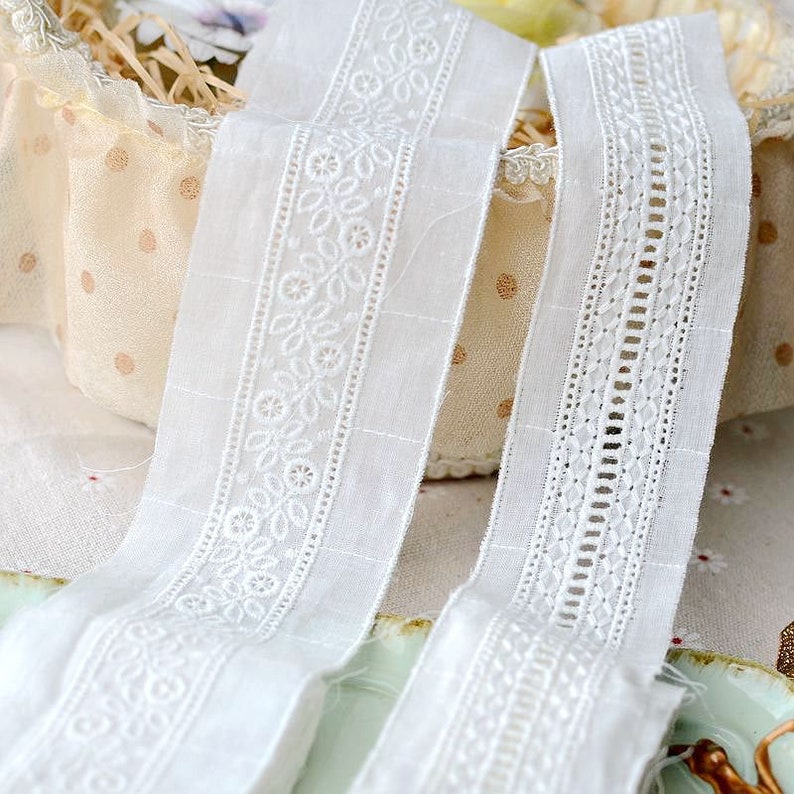 Embroidered Cotton Lace Trim, Narrow Floral Cotton Lace, Cotton Trim in off white, garment sewing trim image 3