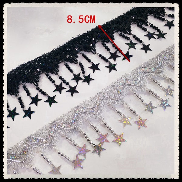 Dangling Tassel Pearls Beaded Trim, Star Lace Trim, Star sequins Beads Fringe Trim For Dress Hem, Haute Couture, Lampshade Cover, Curtain