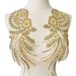 Metallic Gold beaded Applique, Gold Alencon Lace Applique with Sequins for Lyrical Dance Ballroom Costumes Bridal Dress Bodice