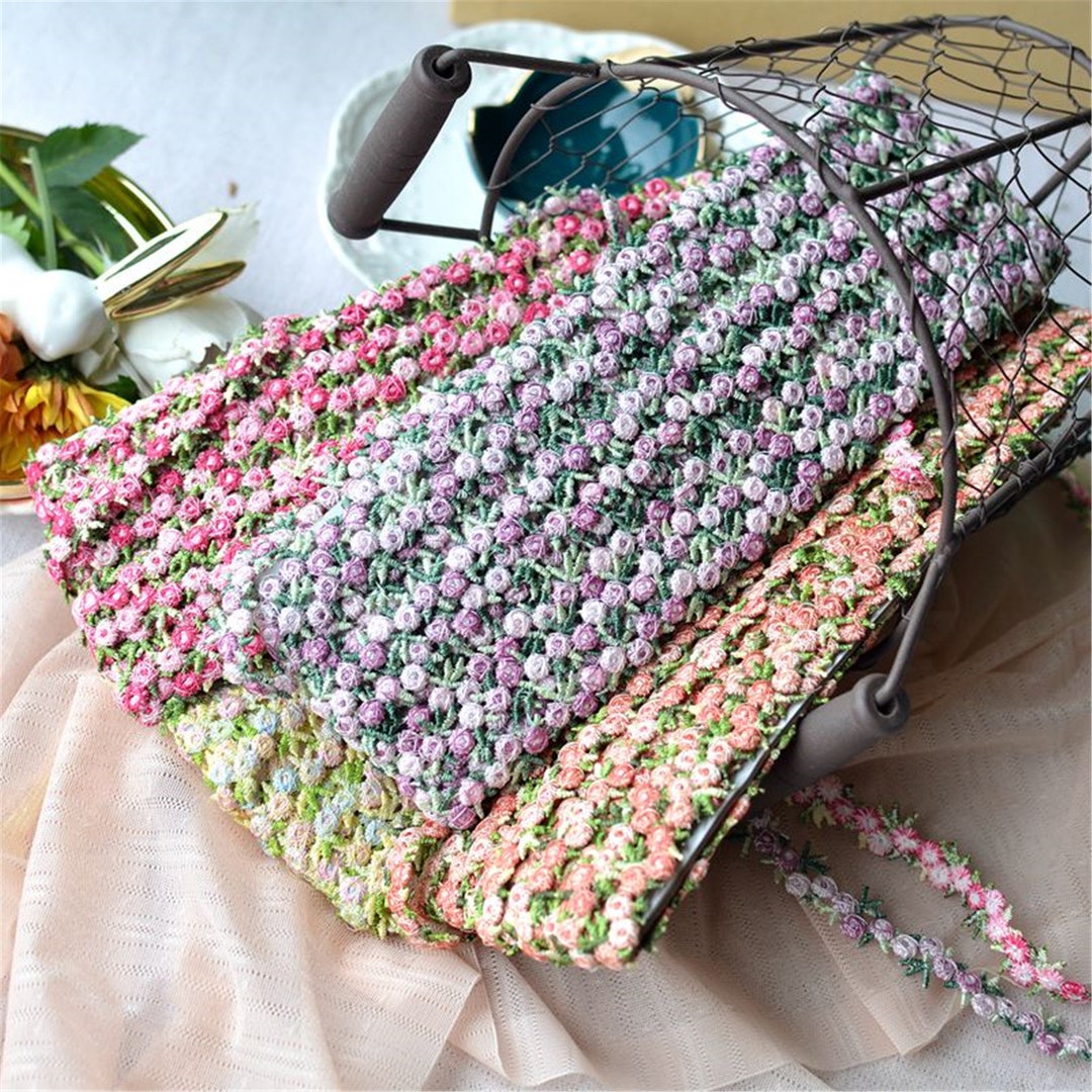 Pastel Venice Embroidery Lace Trim, Tiny Colorful Rose Buds Ribbon