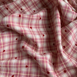 Pink Plaid Fabric with Flocked Red Hearts, Embroidery Checkered Fabric for Suits, Skirt, Girl Dress, Shirt, Designer Fabric image 11