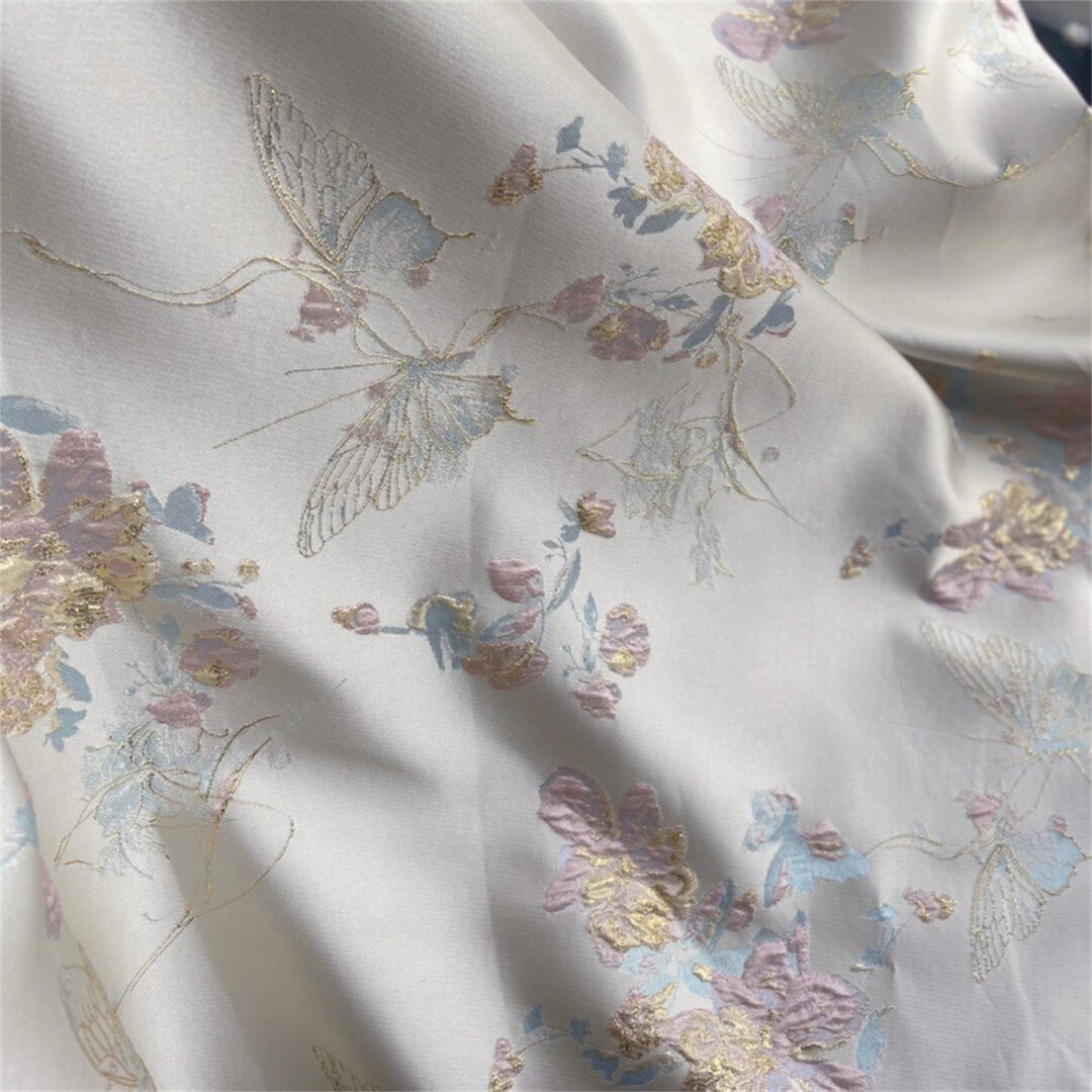 Floral Butterfly Embroidery Embossed Fabric, Gold Thread Embroidery ...