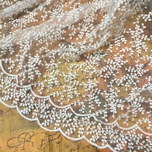 Small Leaf Branch Pattern Sheer Organza Lace Fabric, Off white Embroidered Lace Fabric, Dress Fabric By The Yard