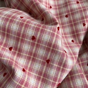 Pink Plaid Fabric with Flocked Red Hearts, Embroidery Checkered Fabric for Suits, Skirt, Girl Dress, Shirt, Designer Fabric image 1