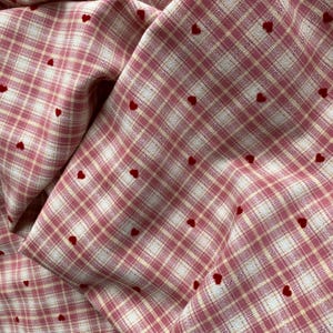 Pink Plaid Fabric with Flocked Red Hearts, Embroidery Checkered Fabric for Suits, Skirt, Girl Dress, Shirt, Designer Fabric image 12