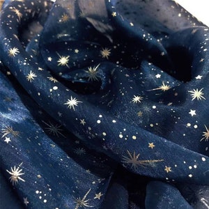 Stars Organza Fabric, Silver Stars Print Organza Fabric, Foil Celestial Fabric for Party Dress, Princess Gown, Festival Dress, Hot!