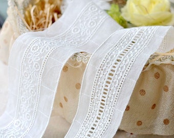 Embroidered Cotton Lace Trim, Narrow Floral Cotton Lace, Cotton Trim in off white,  garment sewing trim