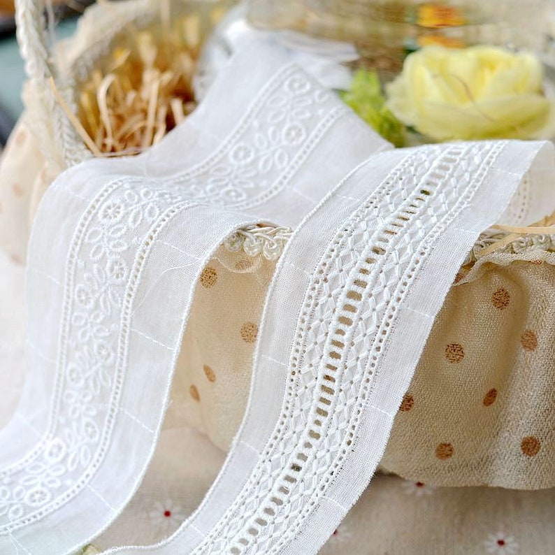 Embroidered Cotton Lace Trim, Narrow Floral Cotton Lace, Cotton Trim in off white, garment sewing trim image 1