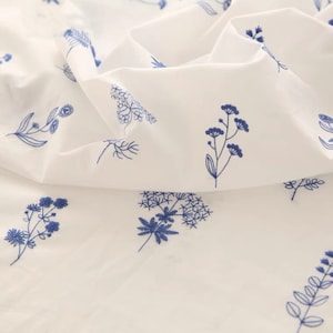 Gorgeous Blue Flower Leaf Branch Embroidery Off white Poplin Fabric for Dress DIY, Tablecloth, Curtain, Blouse, Home Decor,