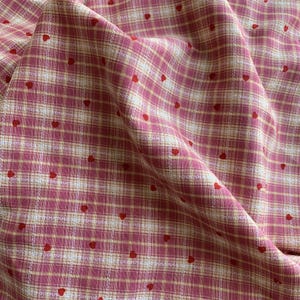 Pink Plaid Fabric with Flocked Red Hearts, Embroidery Checkered Fabric for Suits, Skirt, Girl Dress, Shirt, Designer Fabric image 18