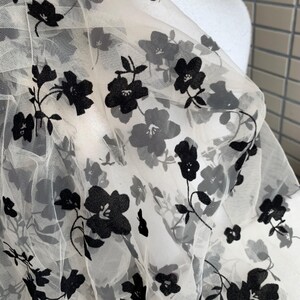 Black Flowers Flocking Lace Fabric, Flocked Floral Tulle Lace Fabric for Bridal Veil, Wedding Gown, Tutu Dress, Lace Top, 1 Yard image 19