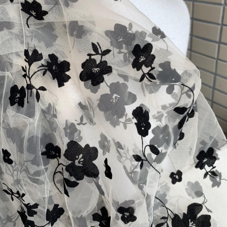 Black Flowers Flocking Lace Fabric, Flocked Floral Tulle Lace Fabric for Bridal Veil, Wedding Gown, Tutu Dress, Lace Top, 1 Yard image 19