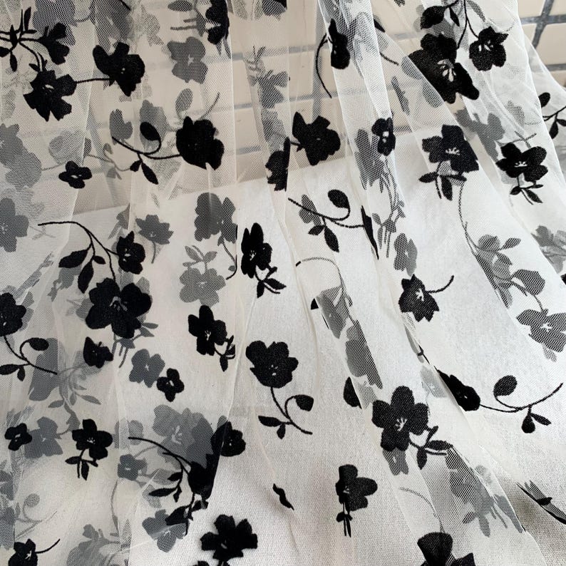 Black Flowers Flocking Lace Fabric, Flocked Floral Tulle Lace Fabric for Bridal Veil, Wedding Gown, Tutu Dress, Lace Top, 1 Yard image 14