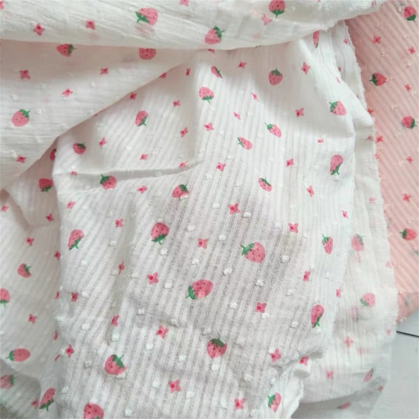 Sweet Strawberry Fabric, Strawberry Print Cotton Fabric with 3D Dots, Cotton Fabric for Dress, Skirt, Blouse, Baby Dress, Curtain