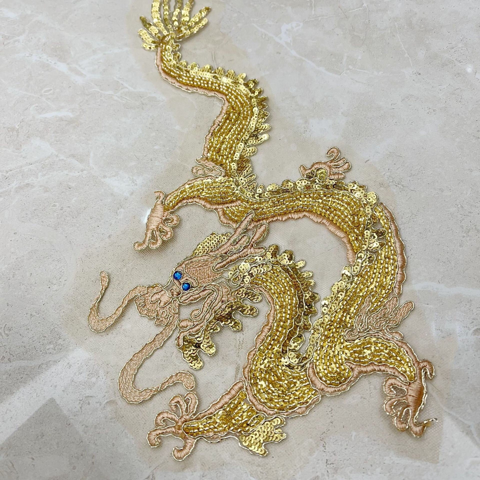 Golden Beaded Dragon Applique, Luxury beaded lace patch, Embroidery sequins Beads applique, Sew on Costume Design patch, cheongsam decor