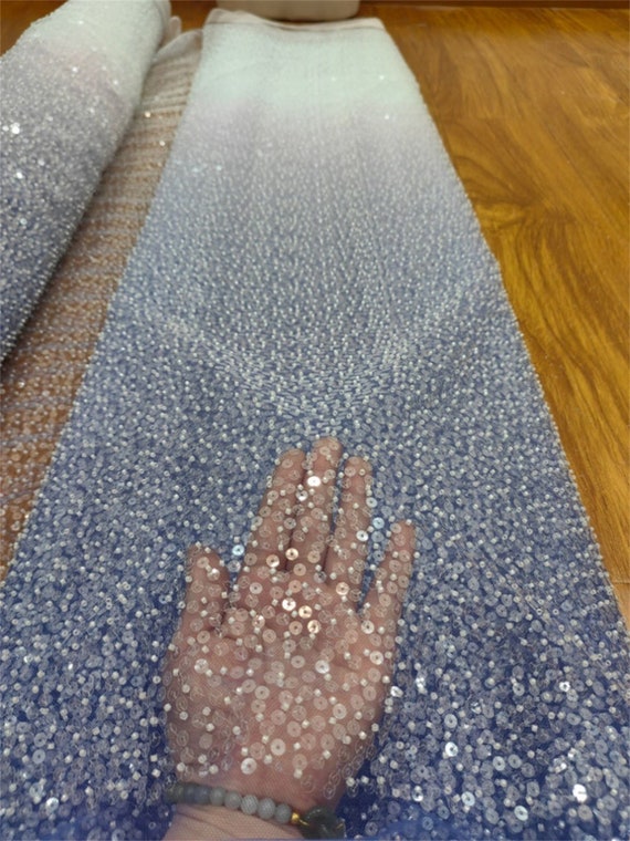 Elegant Blue Ombre Beaded Fabric, Shinny Sequins Beads Mesh Fabric