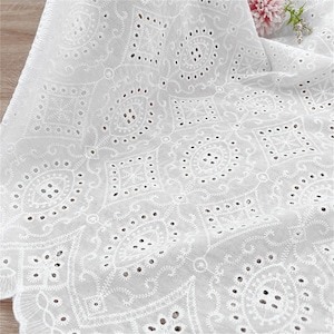 1 Yard Cotton Fabric, Embroidery Cotton Fabric, Scallops Geometric Eyelet Flower Cotton Lace Fabric, Dress Curtain Lace