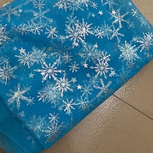 Frozen Print Silver Snowflake Tulle Lace Fabric for Girl Cape, Backdrop, Cospaly, Tutus, Princess Dress, Veil, 17 Colors I: deep blue