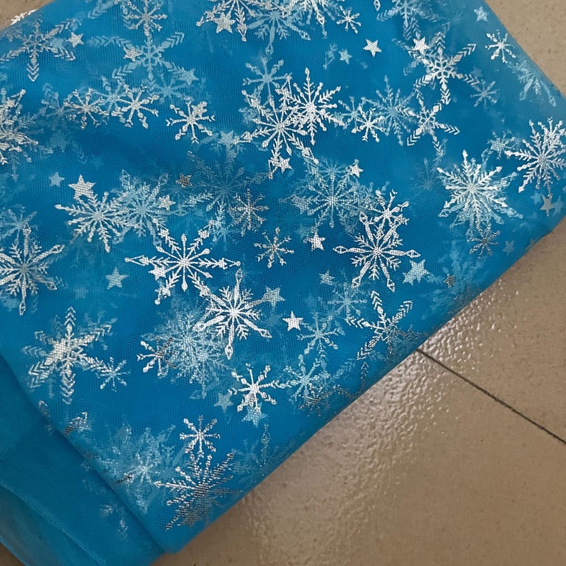 Frozen Print Silver Snowflake Tulle Lace Fabric for Girl Cape, Backdrop, Cospaly, Tutus, Princess Dress, Veil, 17 Colors I: deep blue