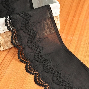 Black Cotton Lace Trim, 5.5&quot; Wide Cotton Lace Trimming, Black Lace Trim with Guipure Embroidery Edge, Cotton Trim, 1 Yard