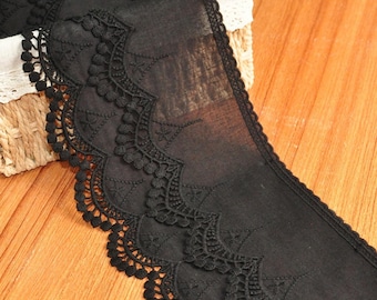 Black Cotton Lace Trim, 5.5" Wide Cotton Lace Trimming, Black Lace Trim with Guipure Embroidery Edge, Cotton Trim, 1 Yard