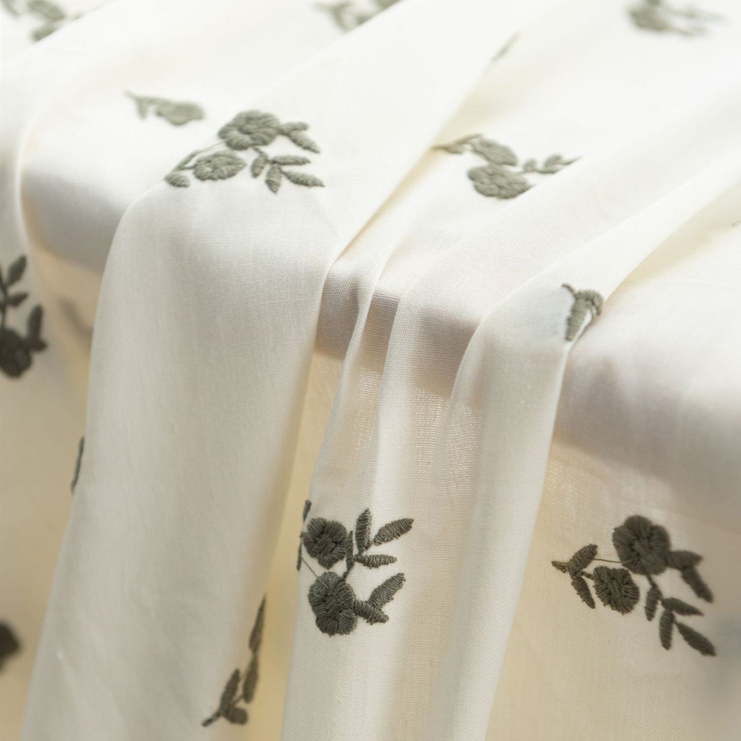 Green Floral Embroidery Apricot Linen Fabric Flower Linen Etsy