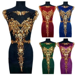 Goldene Pailletten-Spitzen-Applikation, Große lange Applikation, Appliaktion für Tanzkleid, Abendgarderobe, Abschlussballkleid, Bühnenkostüm